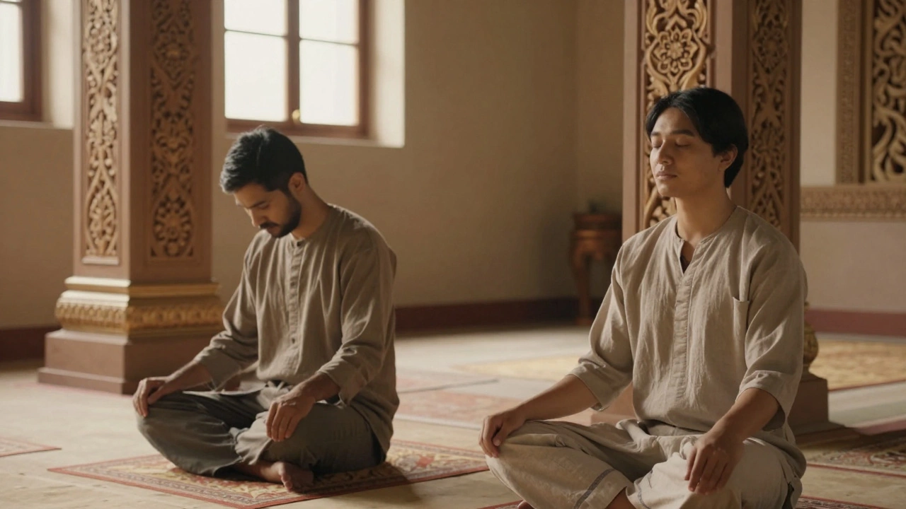 Two people praying peacefully in separate spiritual spaces