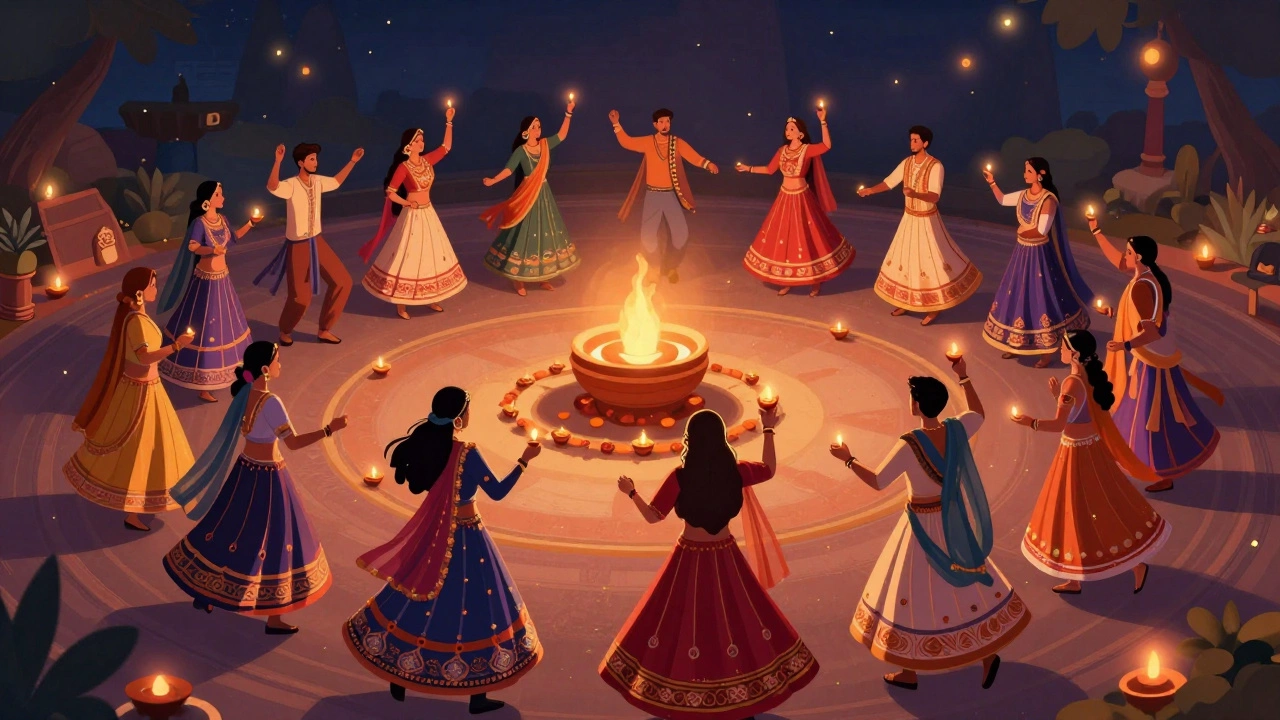 Women and men dancing in concentric circles around a central lamp during a night festival.