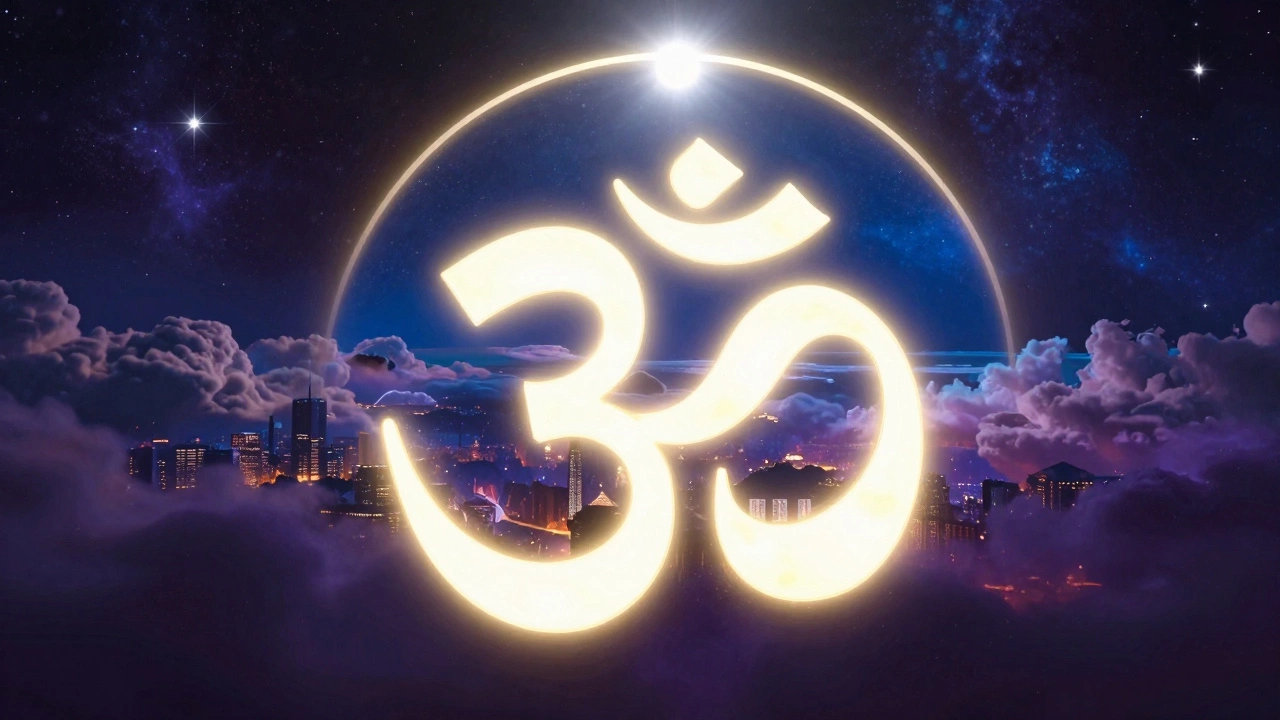 A cosmic visualization of the Om symbol representing different states of consciousness