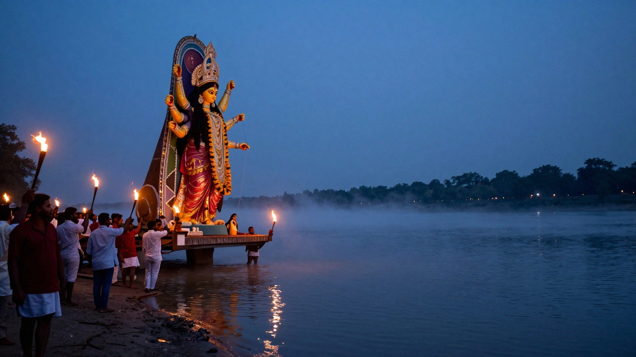 A grand procession carrying the Goddess Durga idol to the river for immersion during Bijoya Dashami.