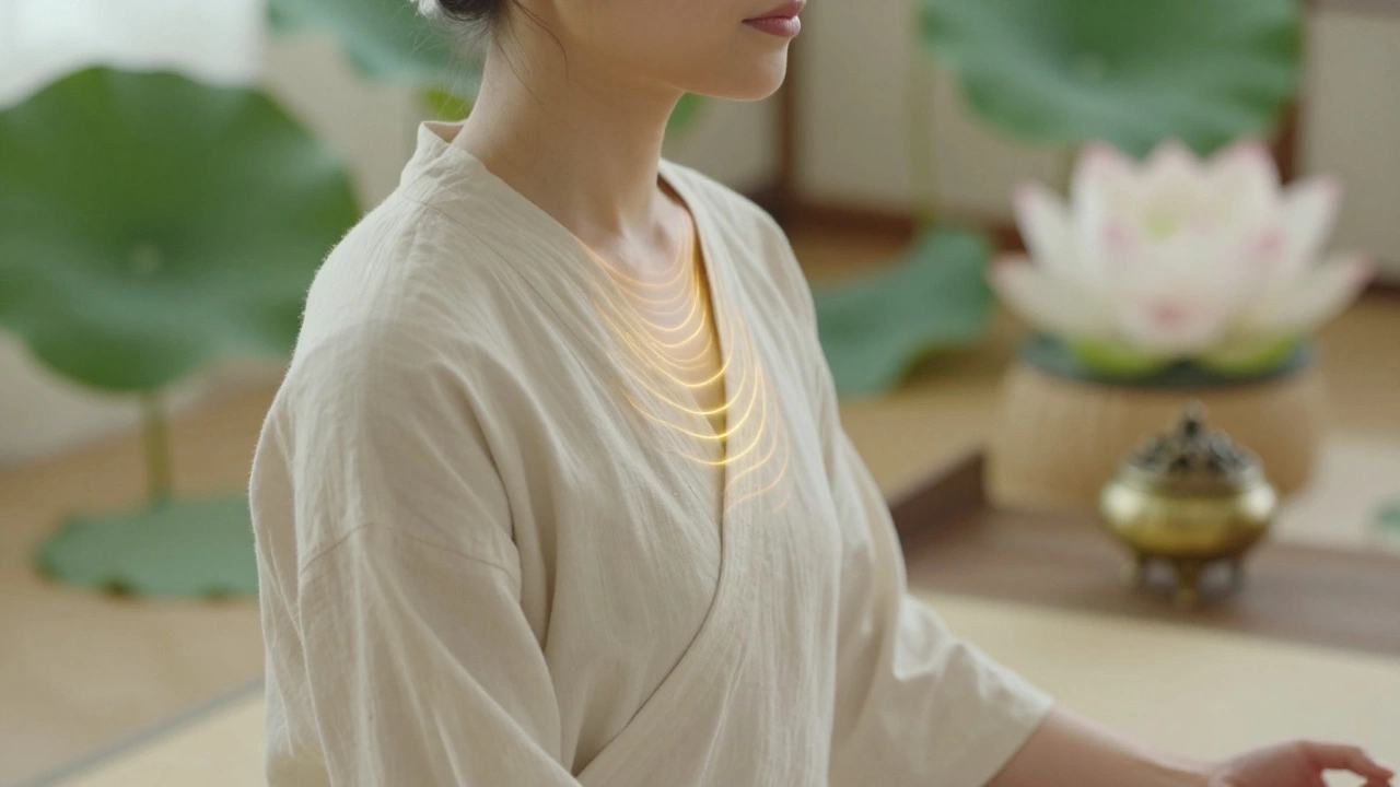 A meditating person with golden vibration waves emanating from their chest and throat