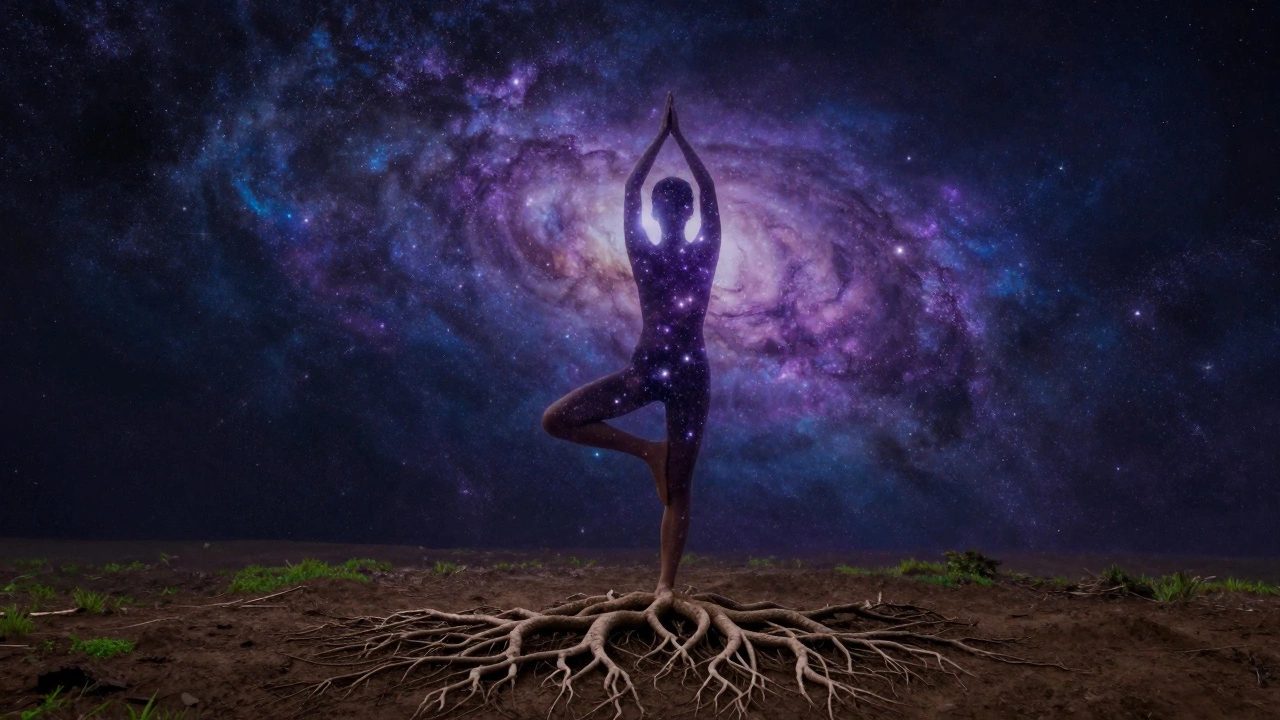 A person in Tree Pose with roots growing into the earth and arms reaching into a starry nebula.