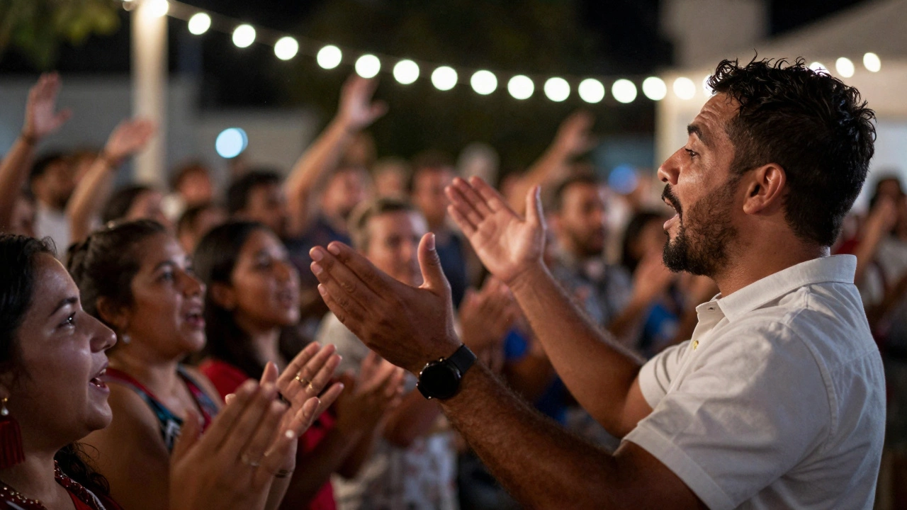 A singer leading a joyful call-and-response sing-along with a crowd.