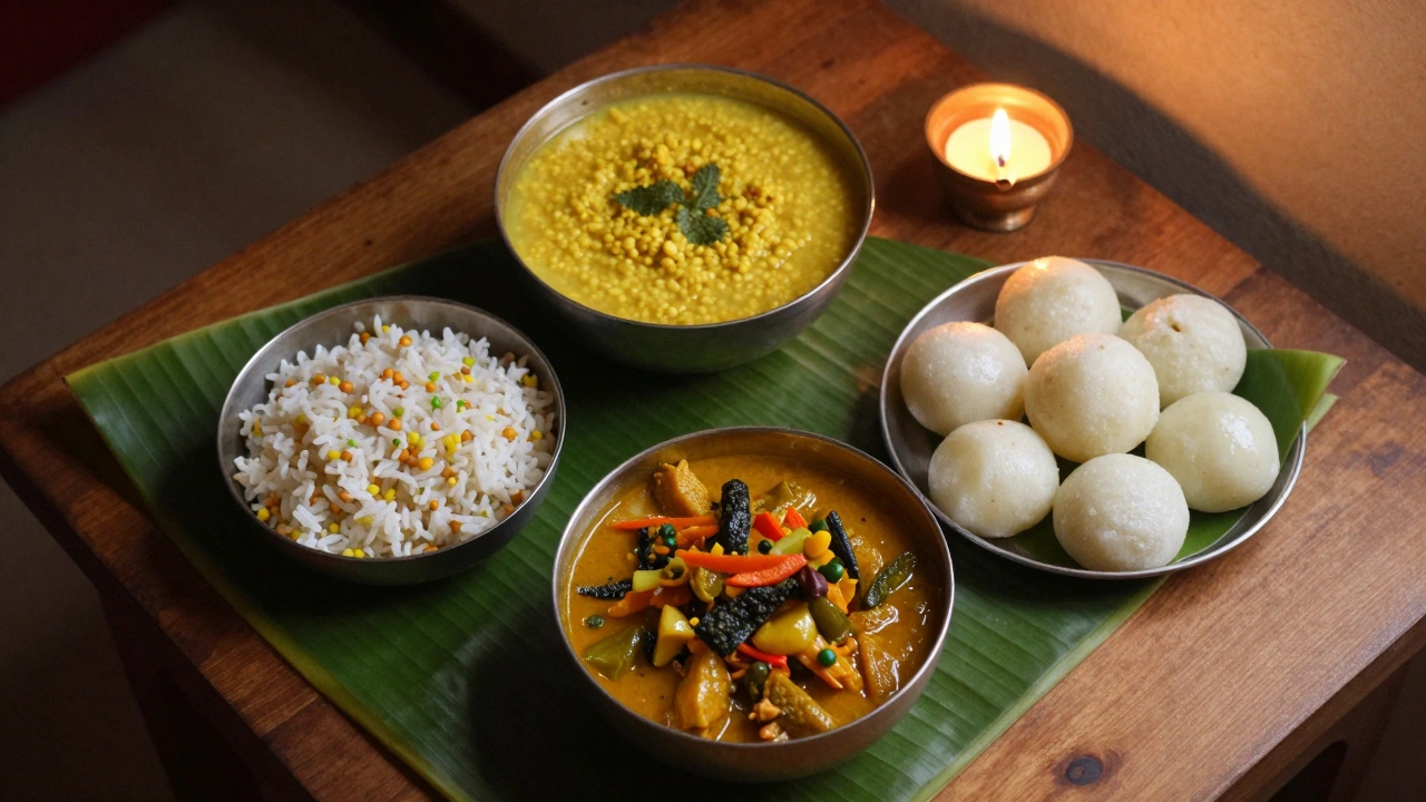 A traditional Bengali festival meal featuring Khichuri, Labra, and assorted sweets on banana leaves.