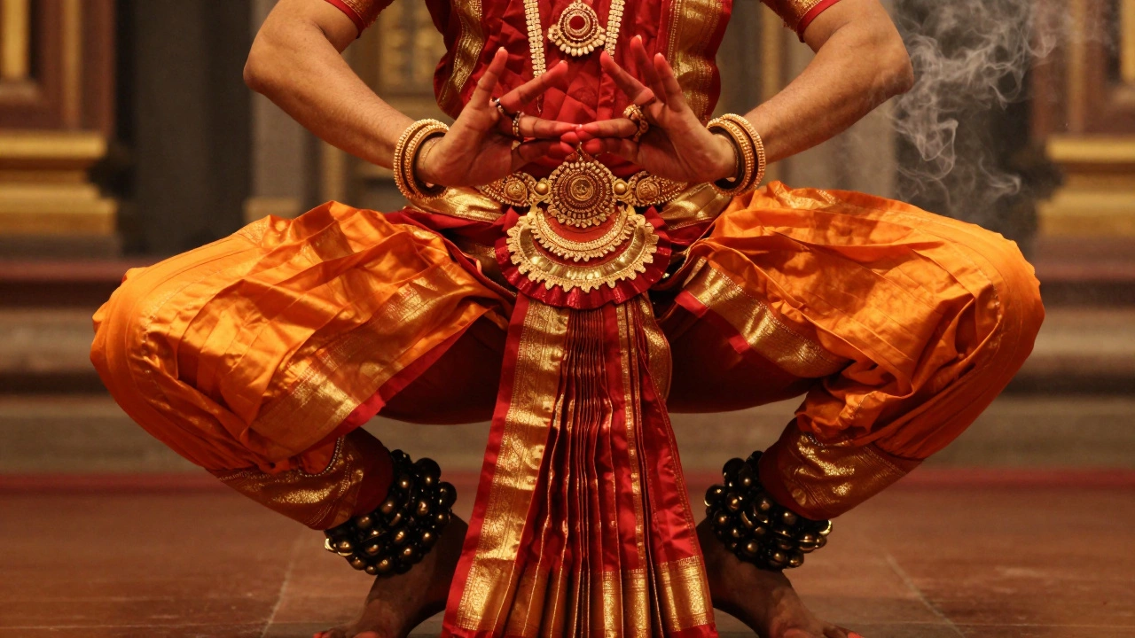 Bharatanatyam dancer in Araimandi position with detailed hand mudras and ankle bells
