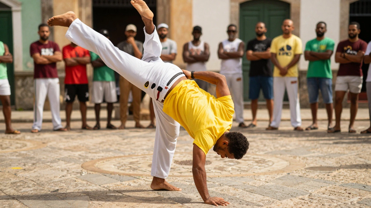 Capoeira practitioners performing acrobatic kicks in a traditional outdoor Roda circle