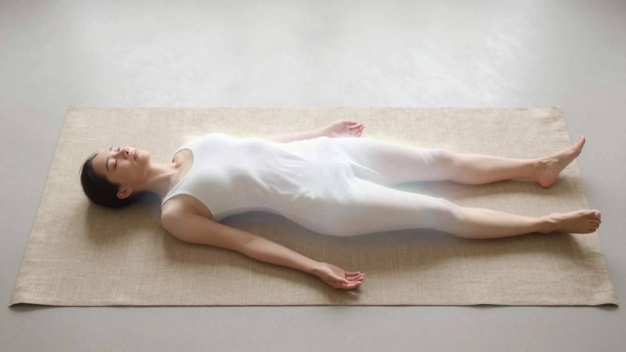 Overhead view of a person in Savasana with a soft, glowing aura of light expanding around them.
