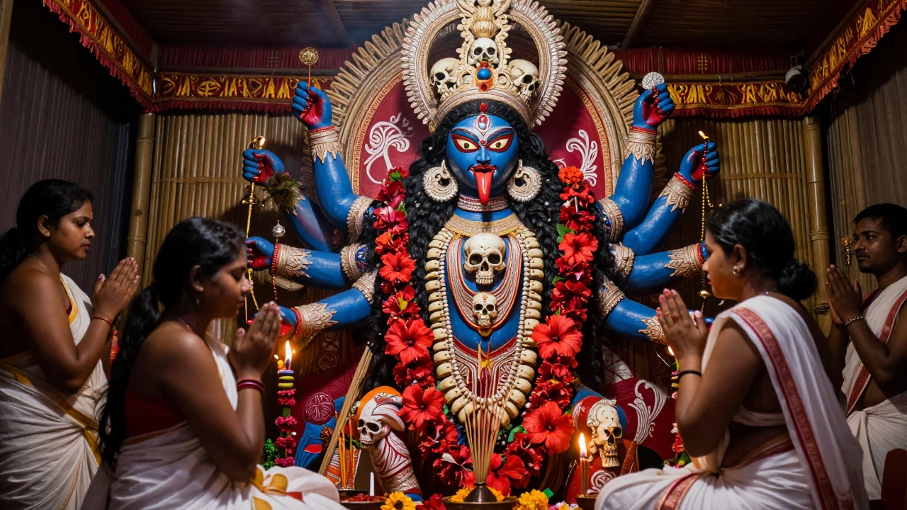 The blue-skinned Goddess Kali idol surrounded by red hibiscus flowers inside a decorated pandal.