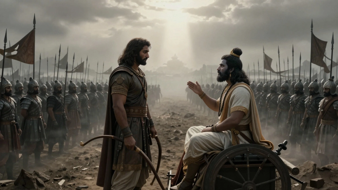 Arjuna and Krishna on the battlefield before the great war