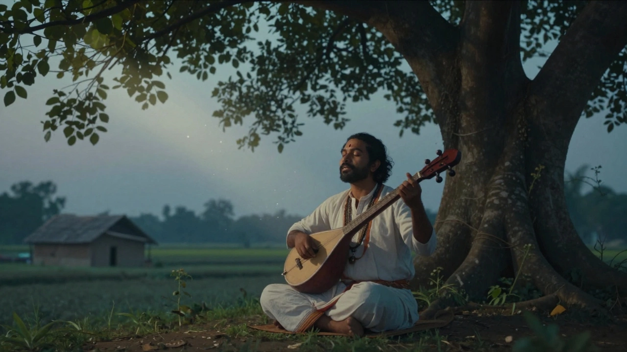 Baul singer playing ektara under a tree in rural Bengal