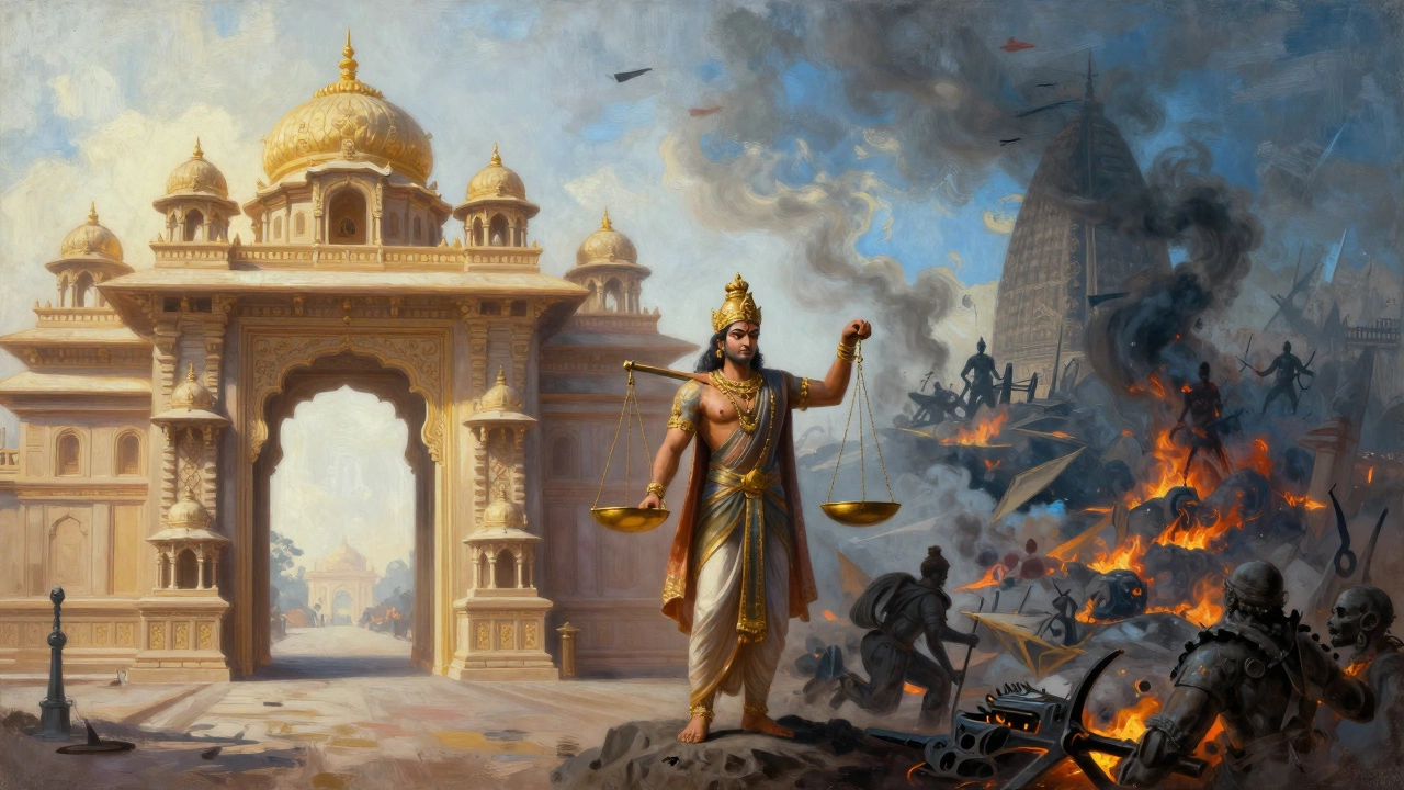 Contrast between the orderly palace of Ayodhya and chaotic war