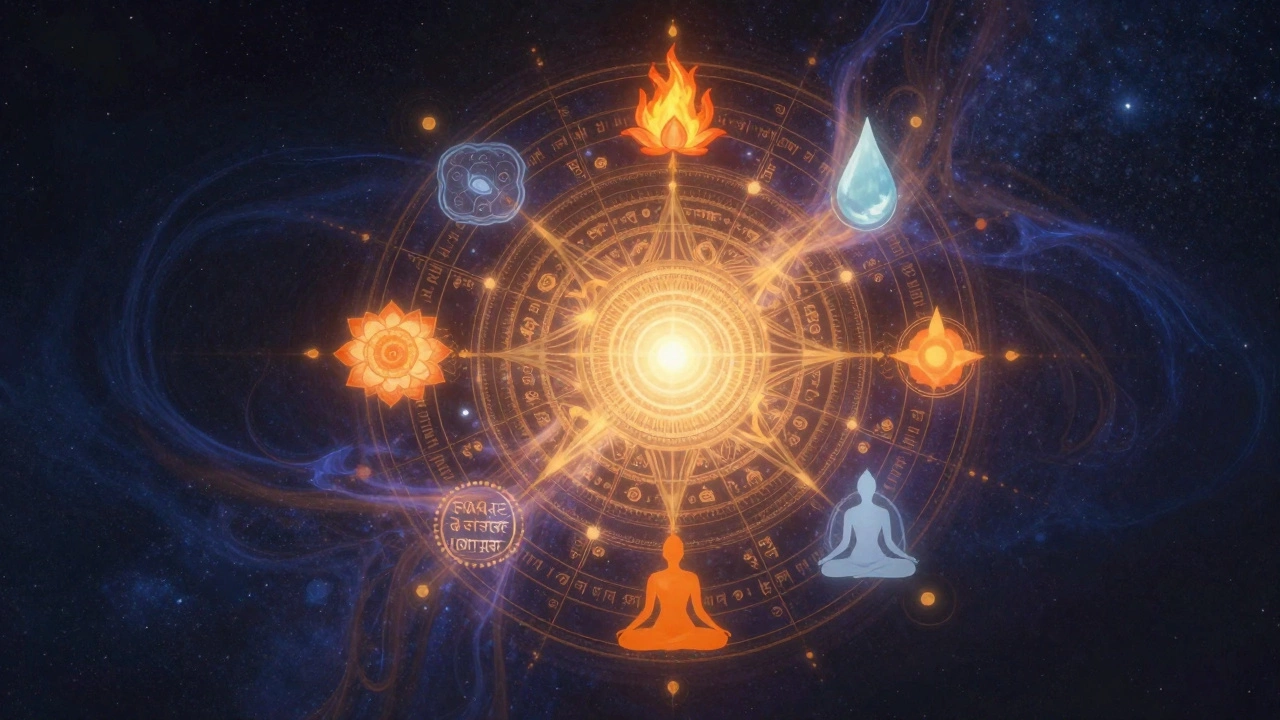 Cosmic mandala illustrating Sanatana Dharma with Sanskrit symbols and divine light.