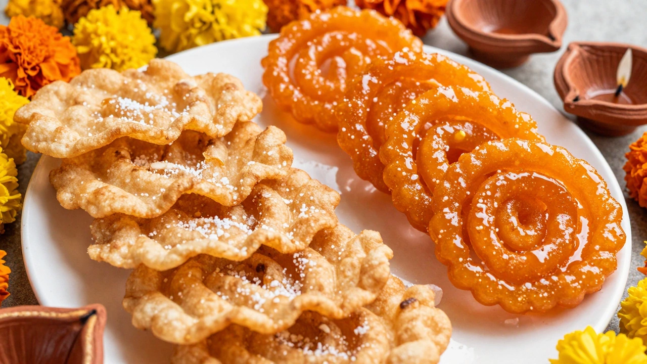 Crispy fafda and sweet jalebi sweets served during a festive celebration.
