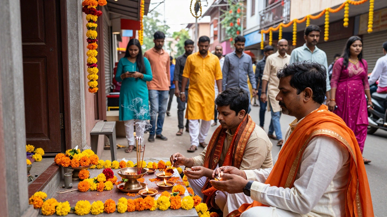 Family performing morning puja worship with flowers and lamps in a busy Indian street.