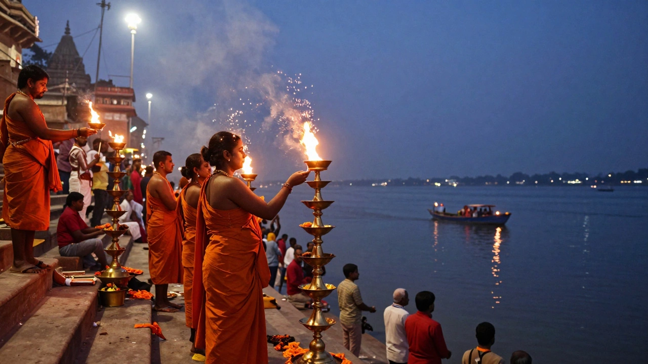 Ganga Aarti ritual with priests waving lamps