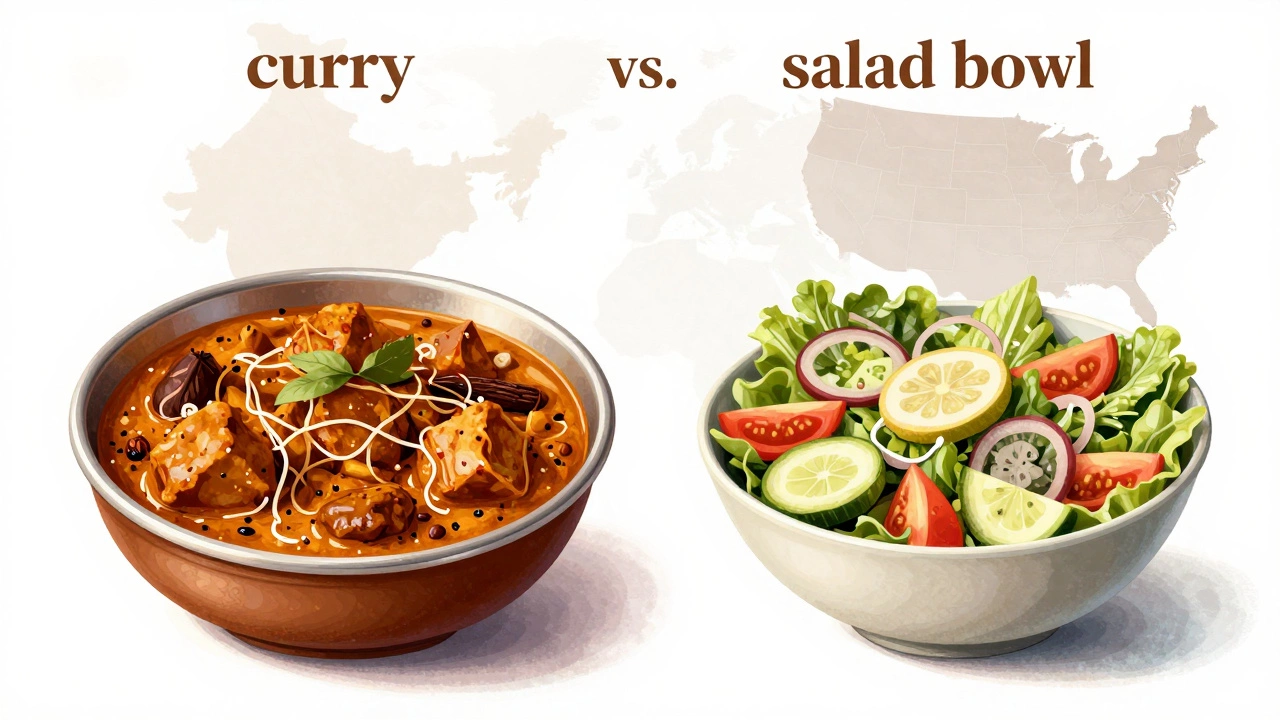 Illustration comparing curry and salad bowl as diversity metaphors