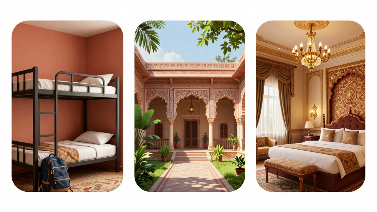 Illustration comparing hostel, heritage hotel, and luxury palace accommodations