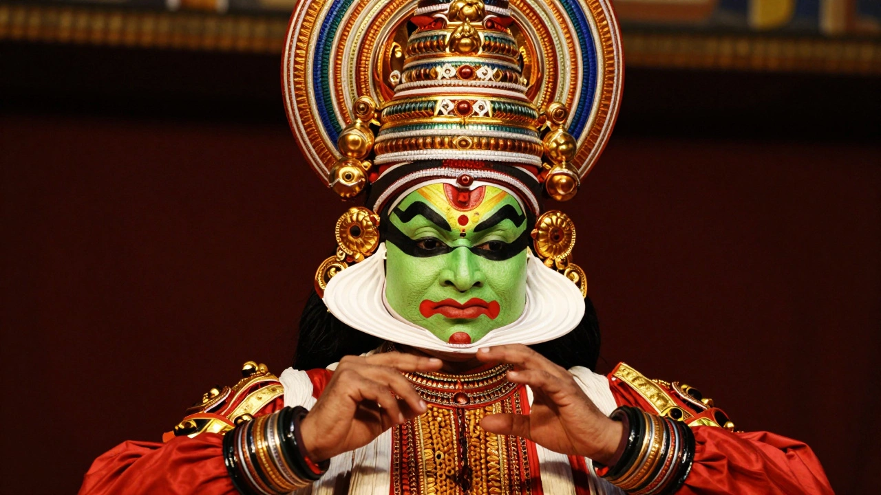 Kathakali dancer in traditional makeup performing
