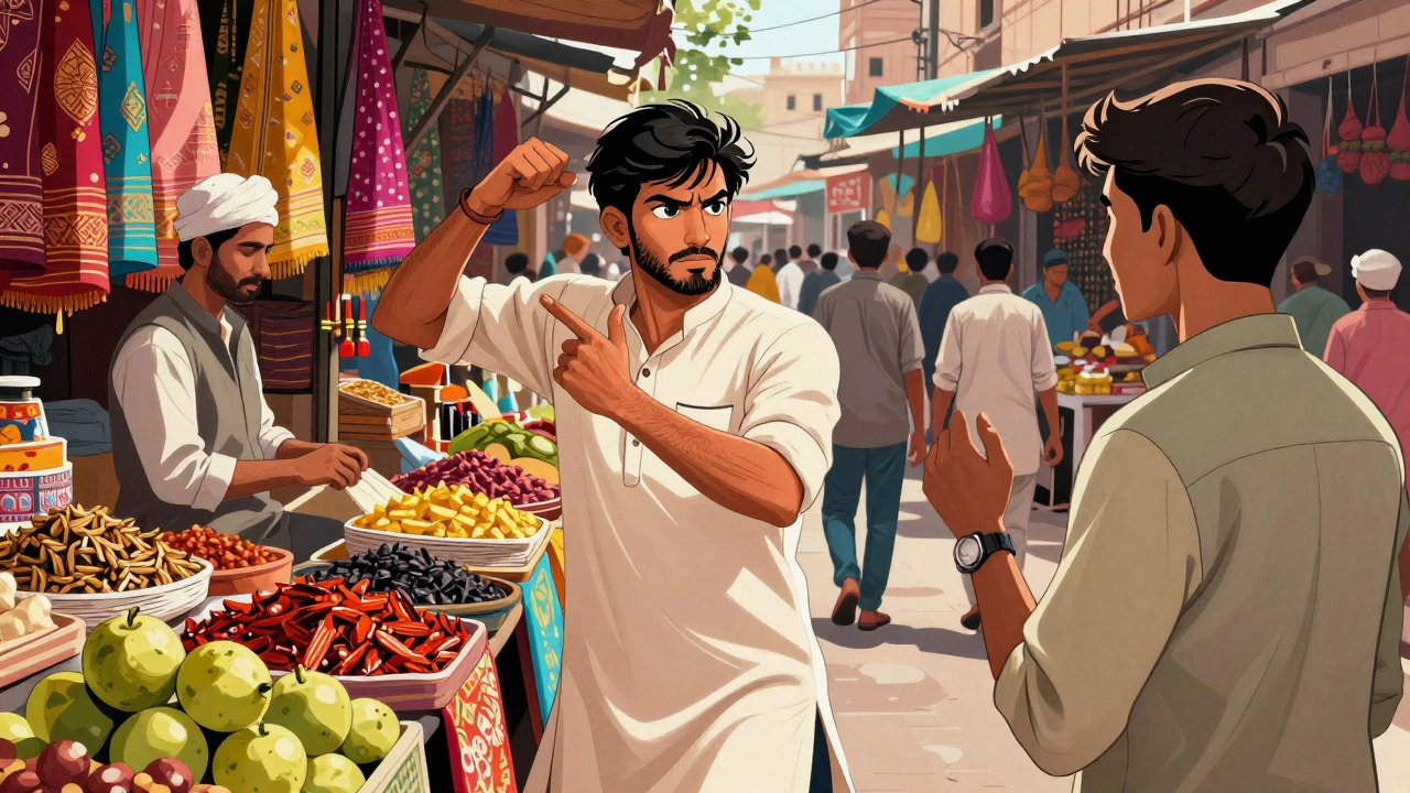 Market negotiation with intense eye contact and bargaining gestures