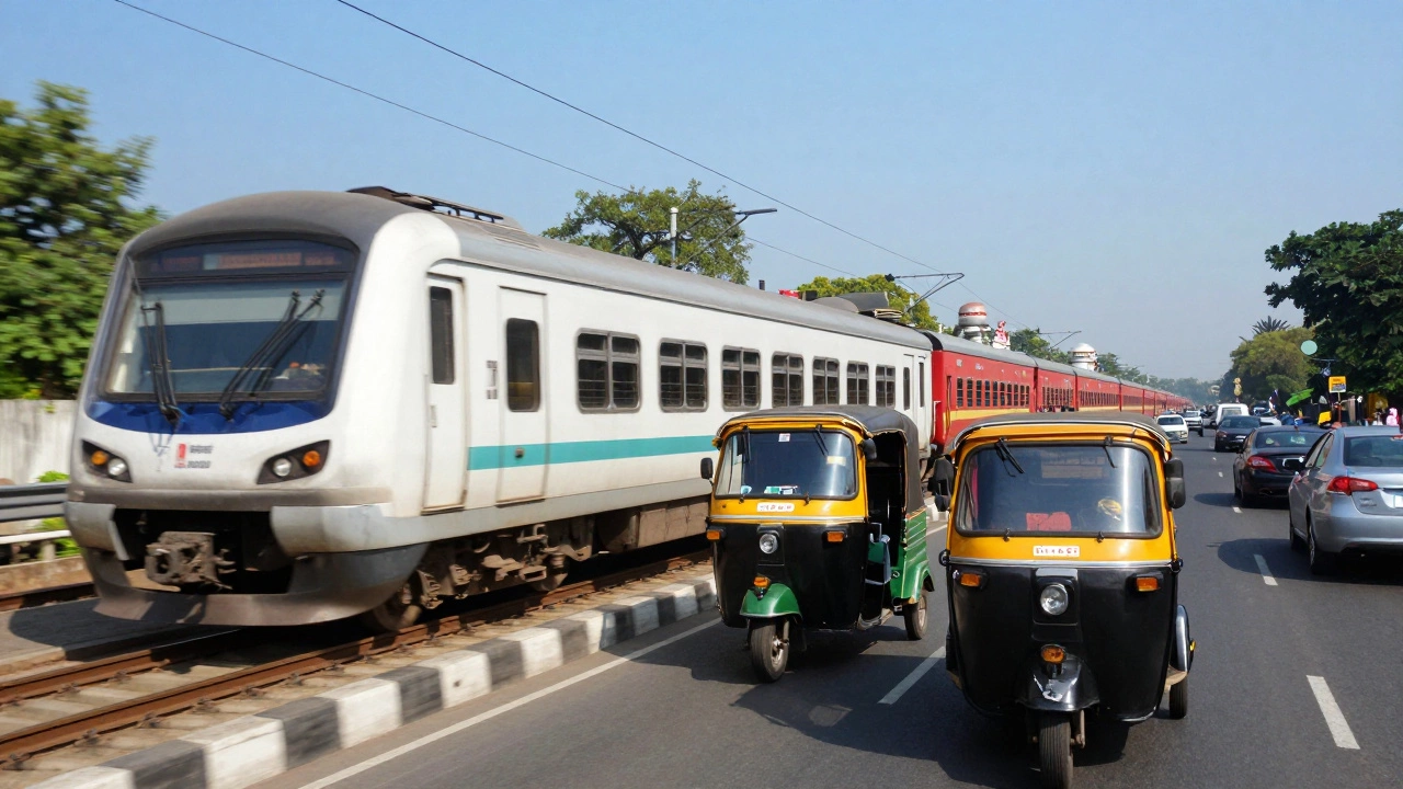 Metro train, auto-rickshaw, and passenger train showcasing Indian transport
