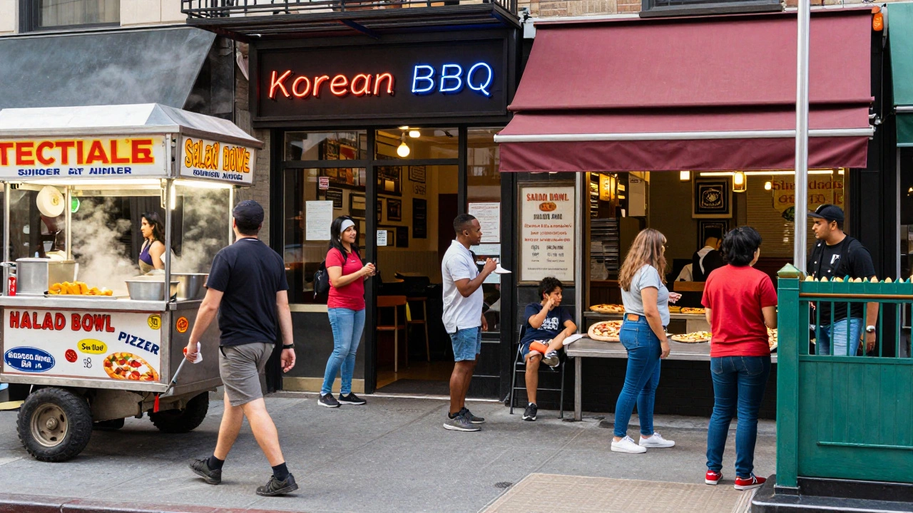 New York City street with diverse food carts and ethnic restaurants