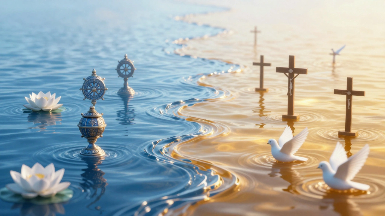 Parallel streams of Buddhist and Christian symbols flowing together