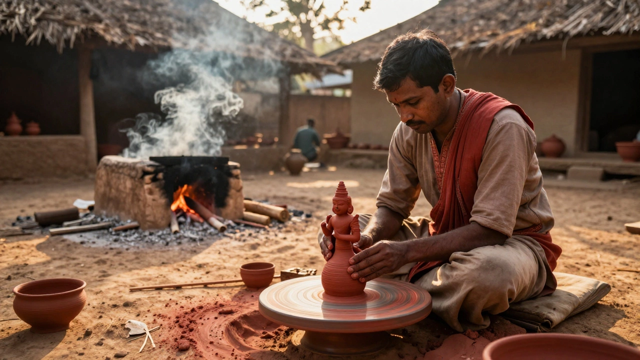 Potter shaping red clay doll in a traditional Kerala village