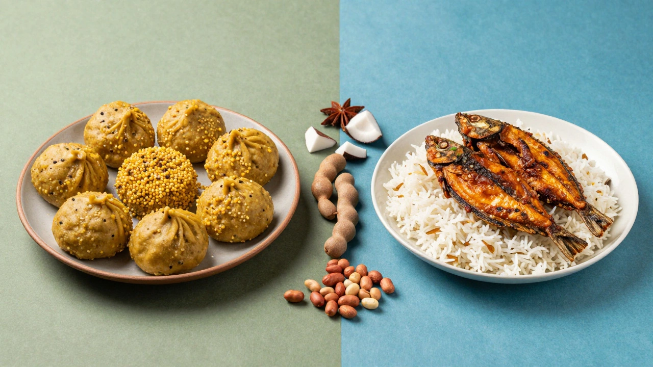 Regional Gujarati foods including bajra rotla and fried fish displayed together.