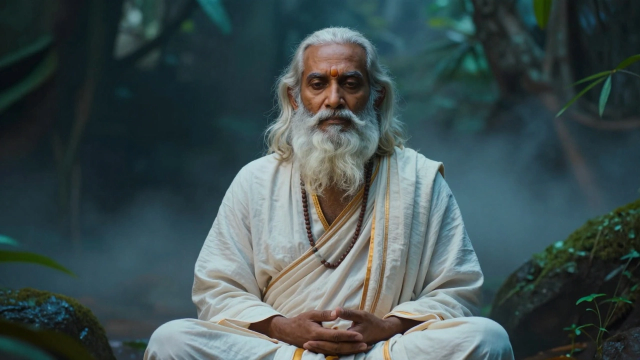 Sage Thiruvalluvar meditating peacefully in a misty cave