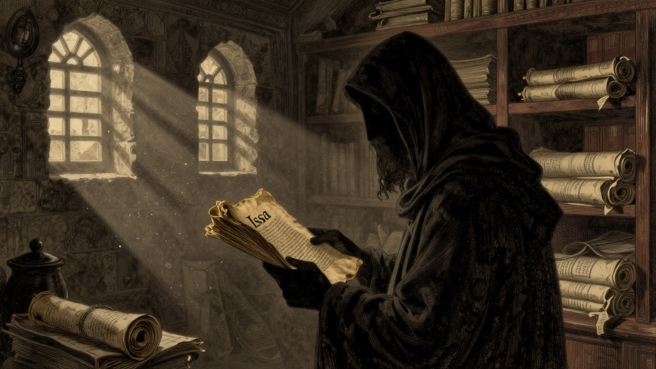 Shadowy figure holding a disputed manuscript in a Tibetan library