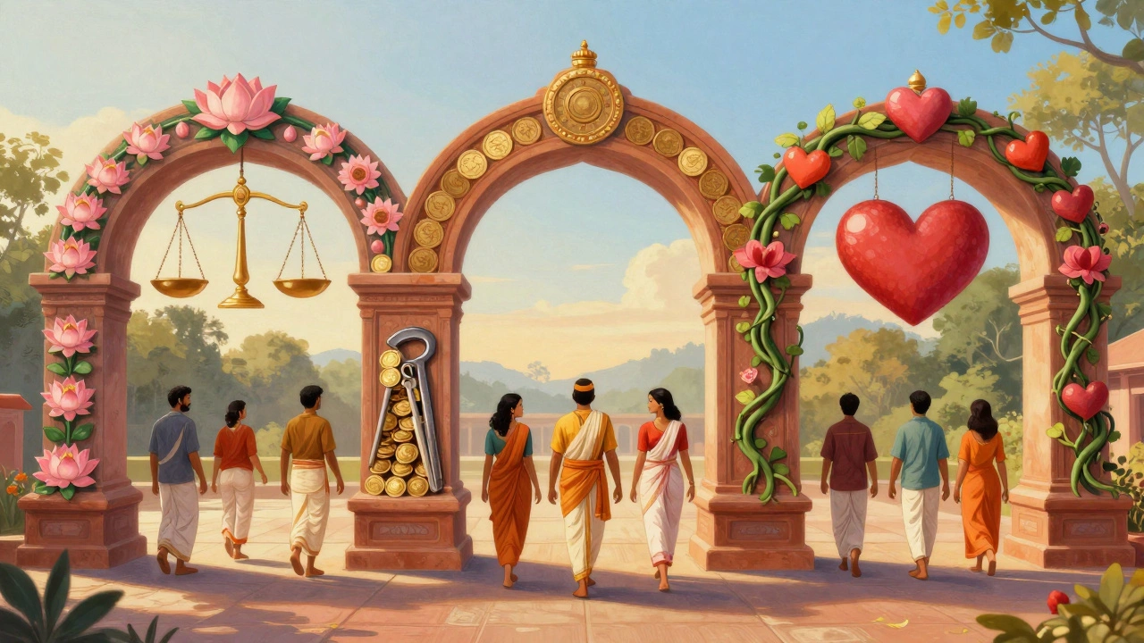 Symbolic art showing virtue, wealth, and love uniting people