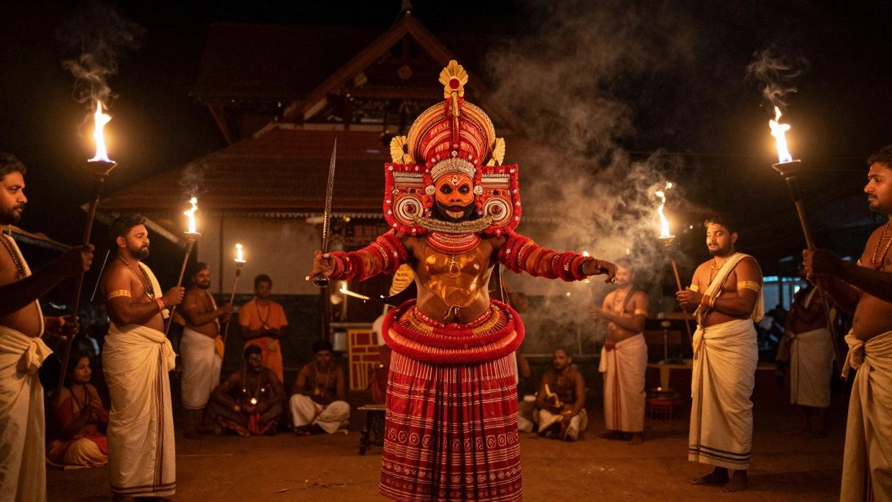 Theyyam performer in elaborate costume during a night ritual
