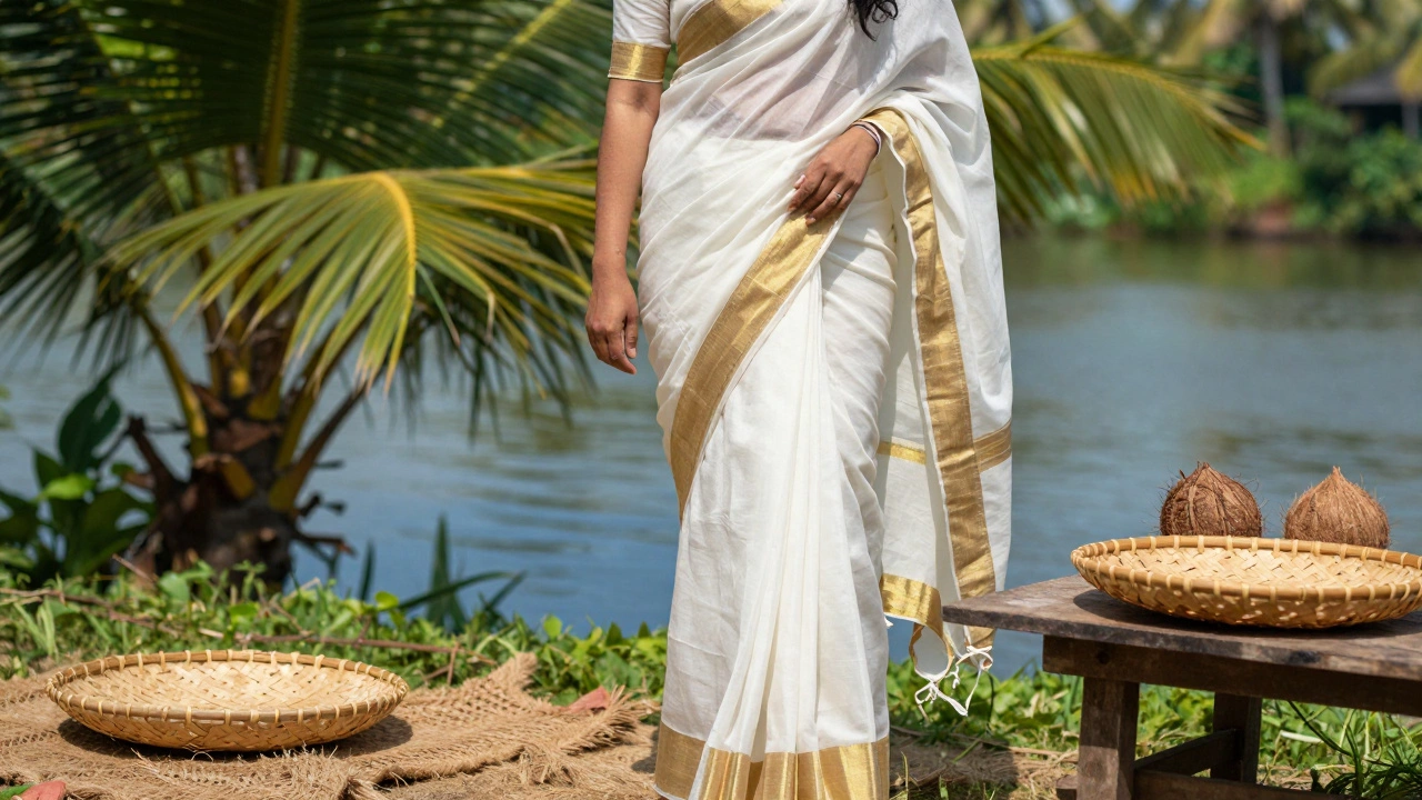 Woman in white Kasavu saree with coir crafts near backwaters