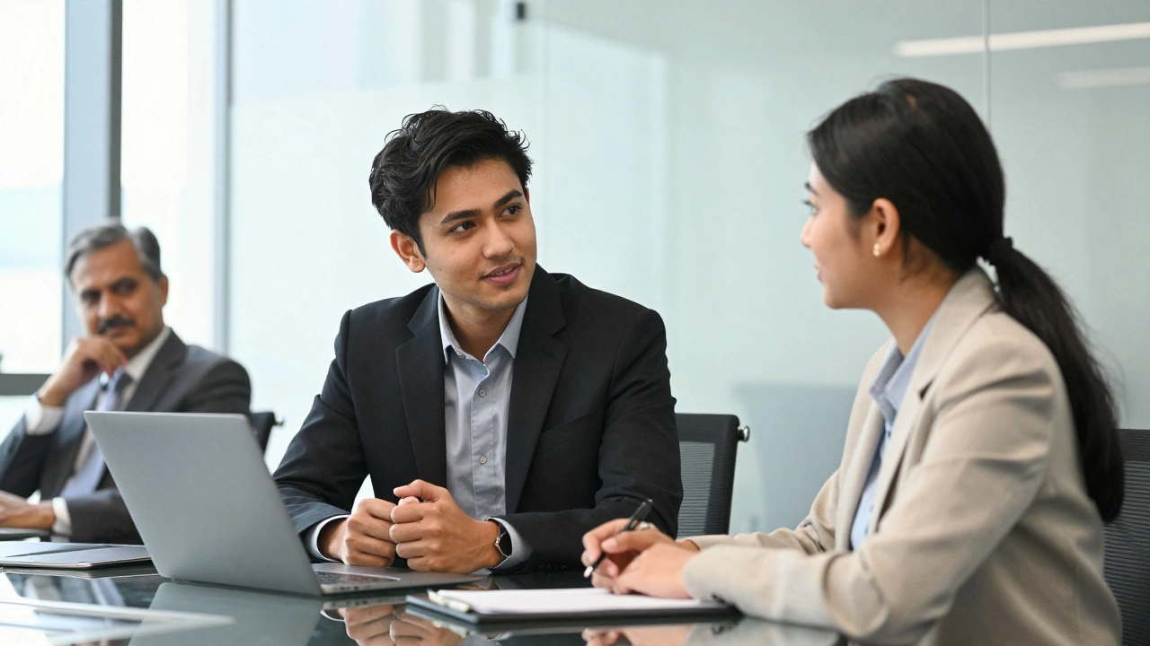 Young professionals maintaining confident eye contact in modern office