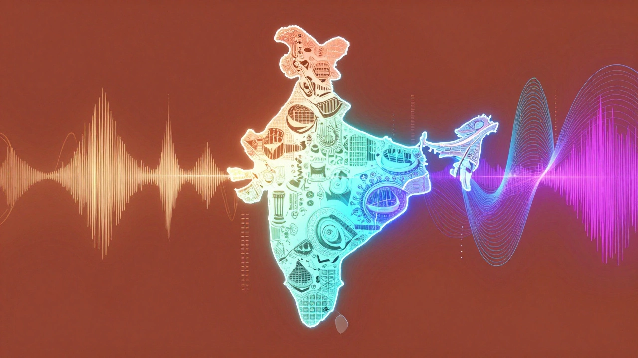 Abstract map of India showing diverse regional music styles merging with electronic beats