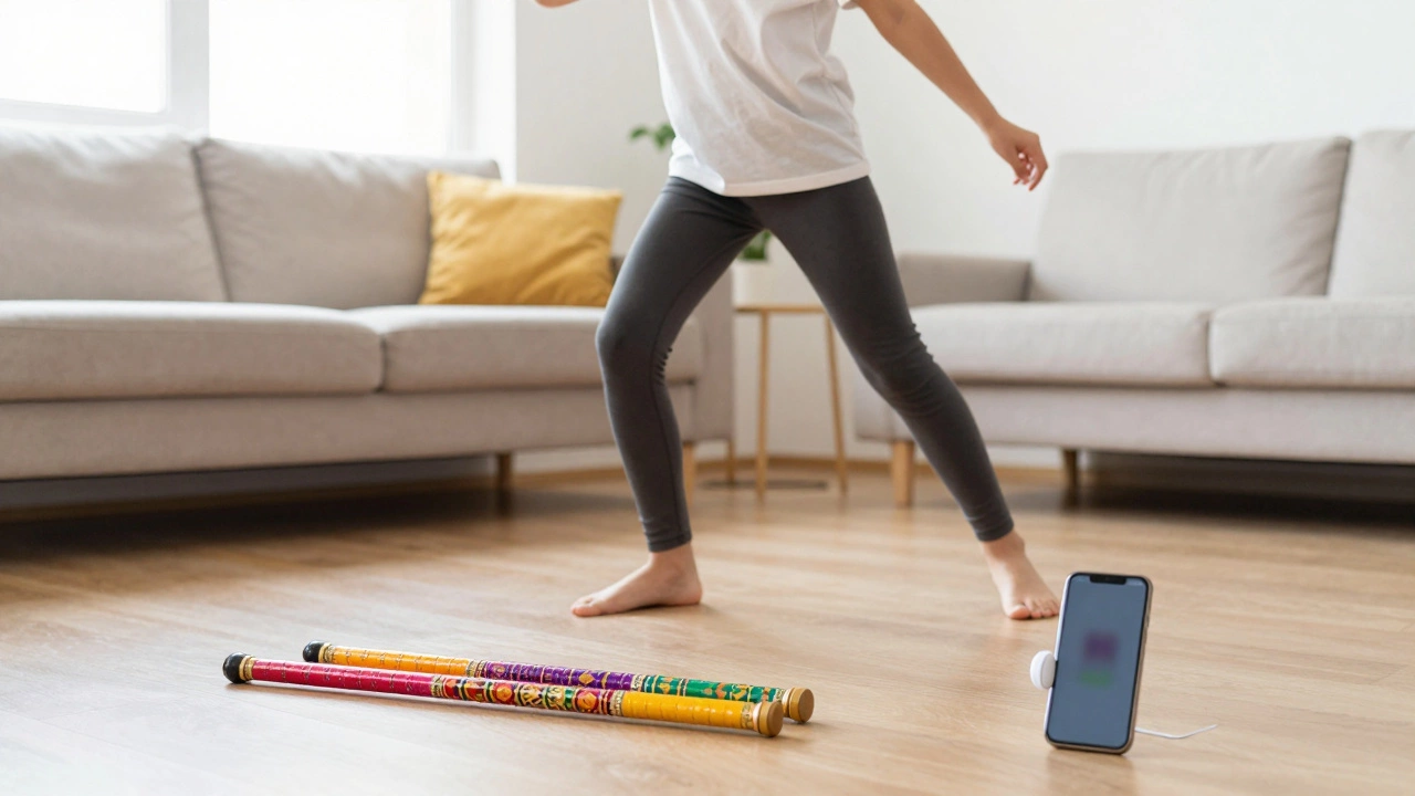 Beginner preparing to dance in a living room with Dandiya sticks