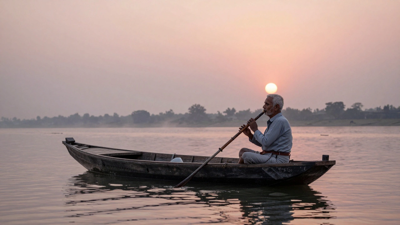 Boatman singing folk songs on a calm Bengali river at sunset