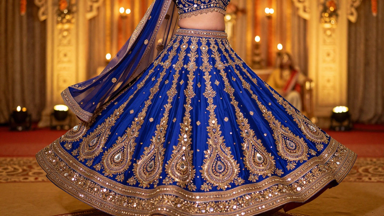 Bride in blue embroidered lehenga choli