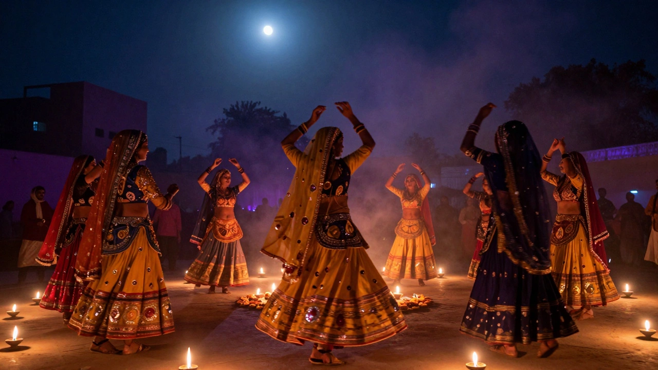Circle of dancers performing Garba under moonlight with oil lamps
