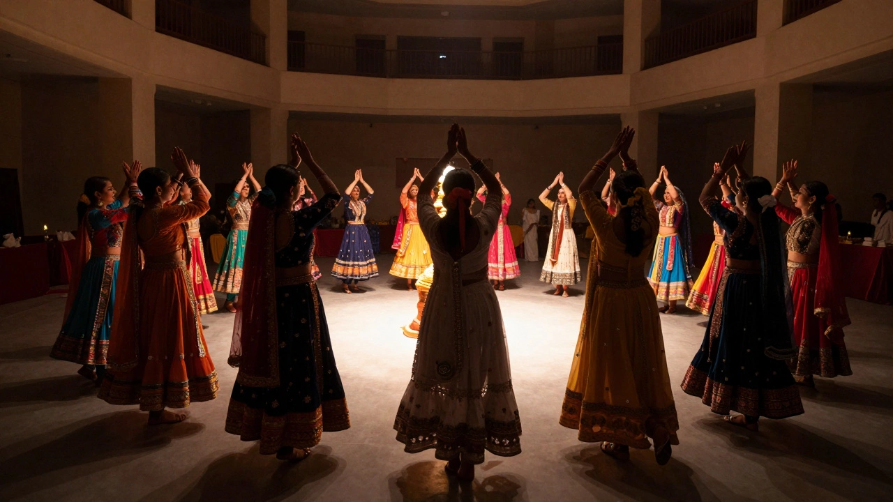 Dancers moving in concentric circles during a Garba festival night