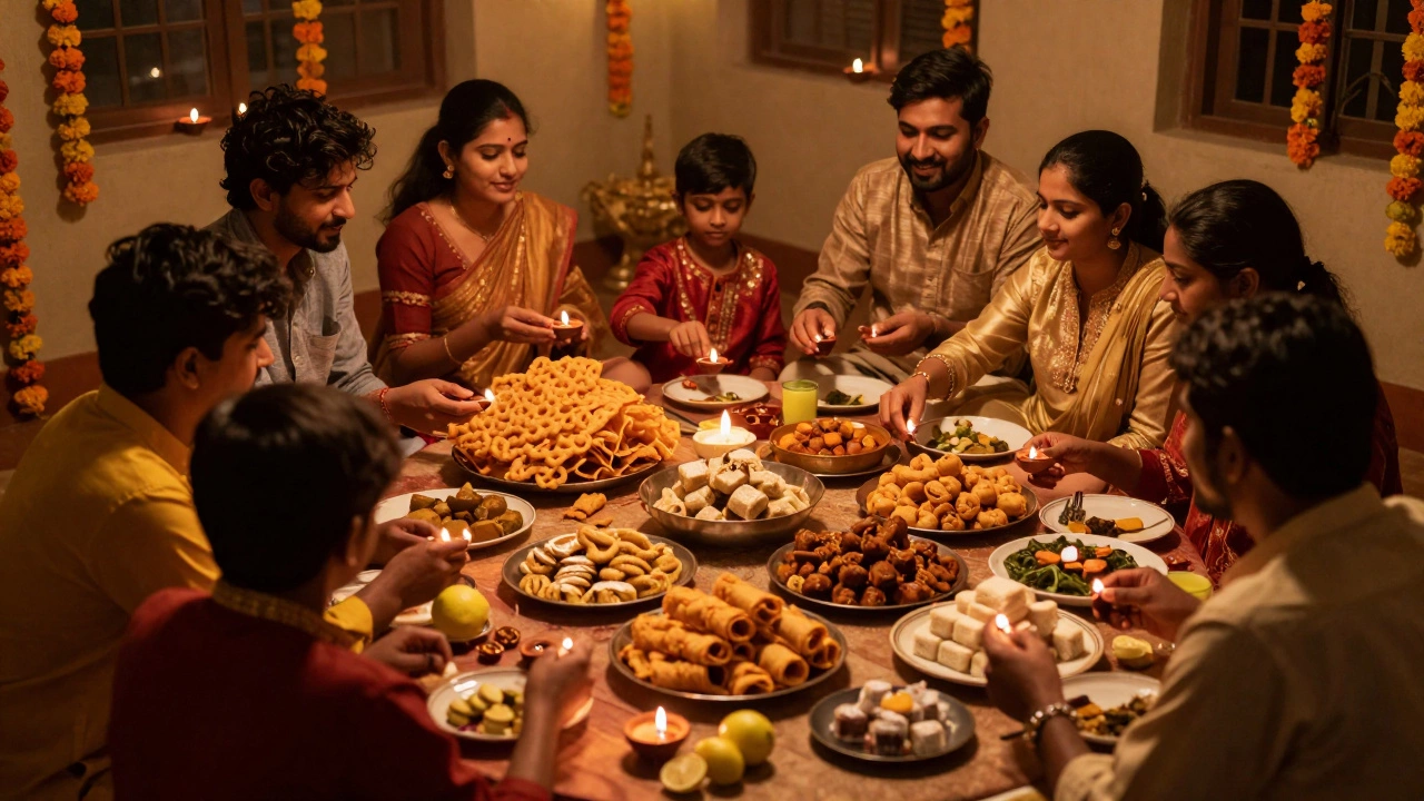 Festive Gujarati feast with fafda, khandvi, and sweets in warm lighting