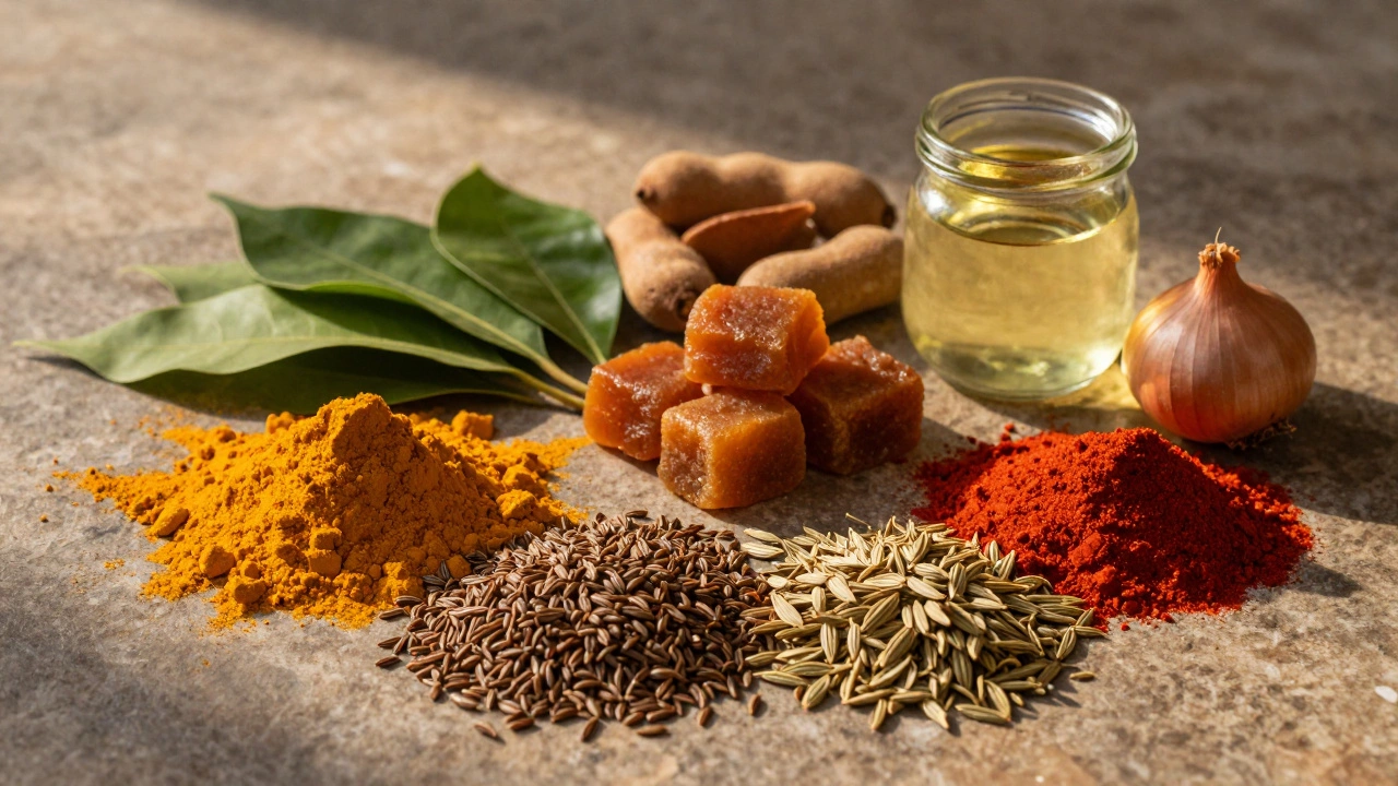 Gujarati cooking ingredients including spices, fenugreek, and jaggery