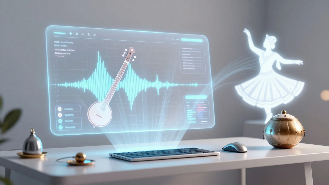 Holographic AI interface analyzing traditional Indian instruments for modern music production
