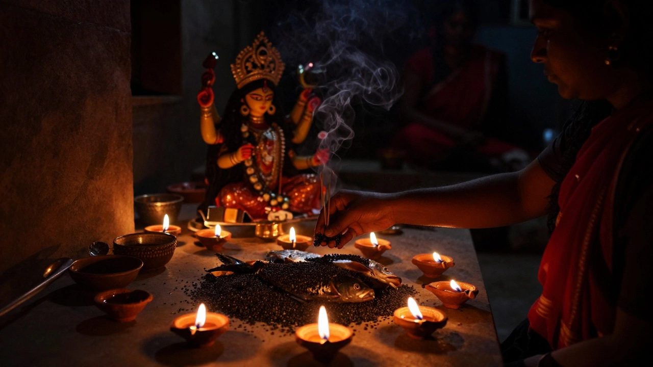 Night prayer ritual for Kali Puja with oil lamps