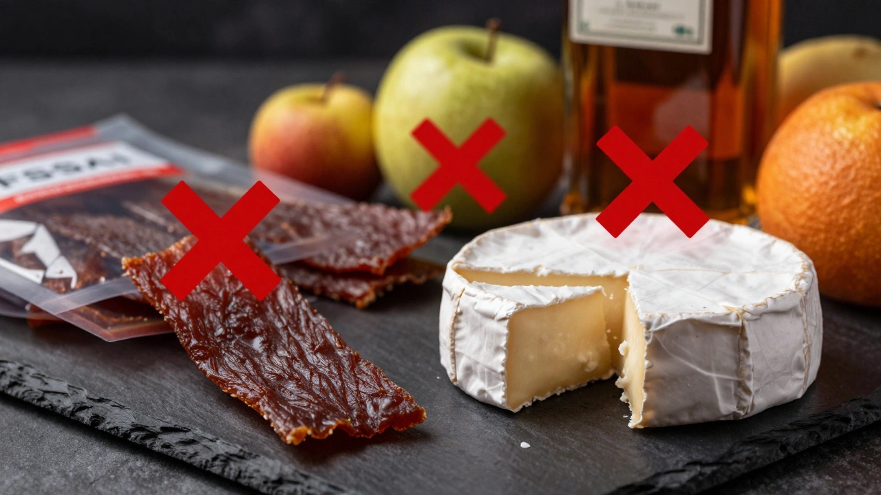 Restricted foods like beef and whiskey marked with warning symbols