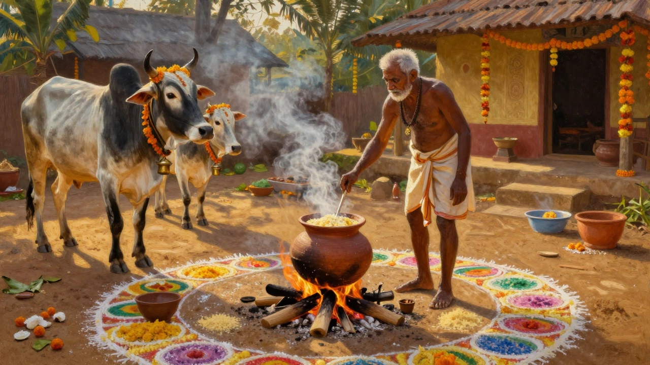 Rural family celebrating Pongal harvest festival with food