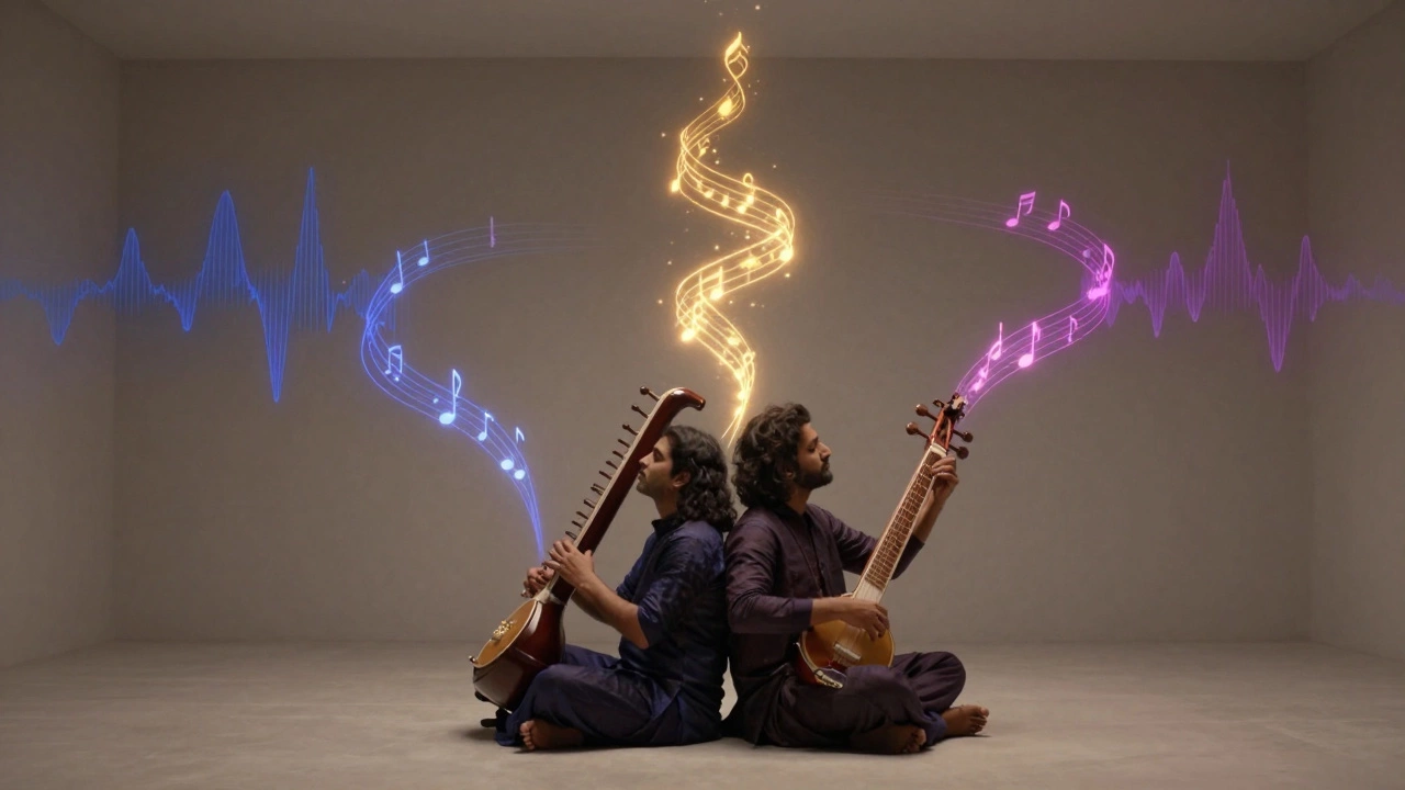 Sitar and Veena players with intertwined musical waves symbolizing unity
