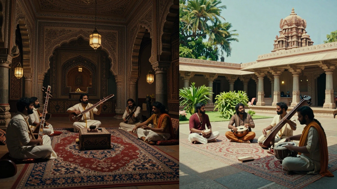 Split view of Mughal court music and South Indian temple music traditions