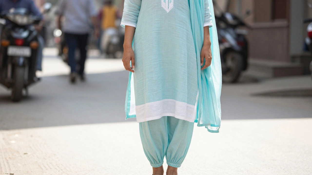Woman in blue cotton salwar kameez outfit