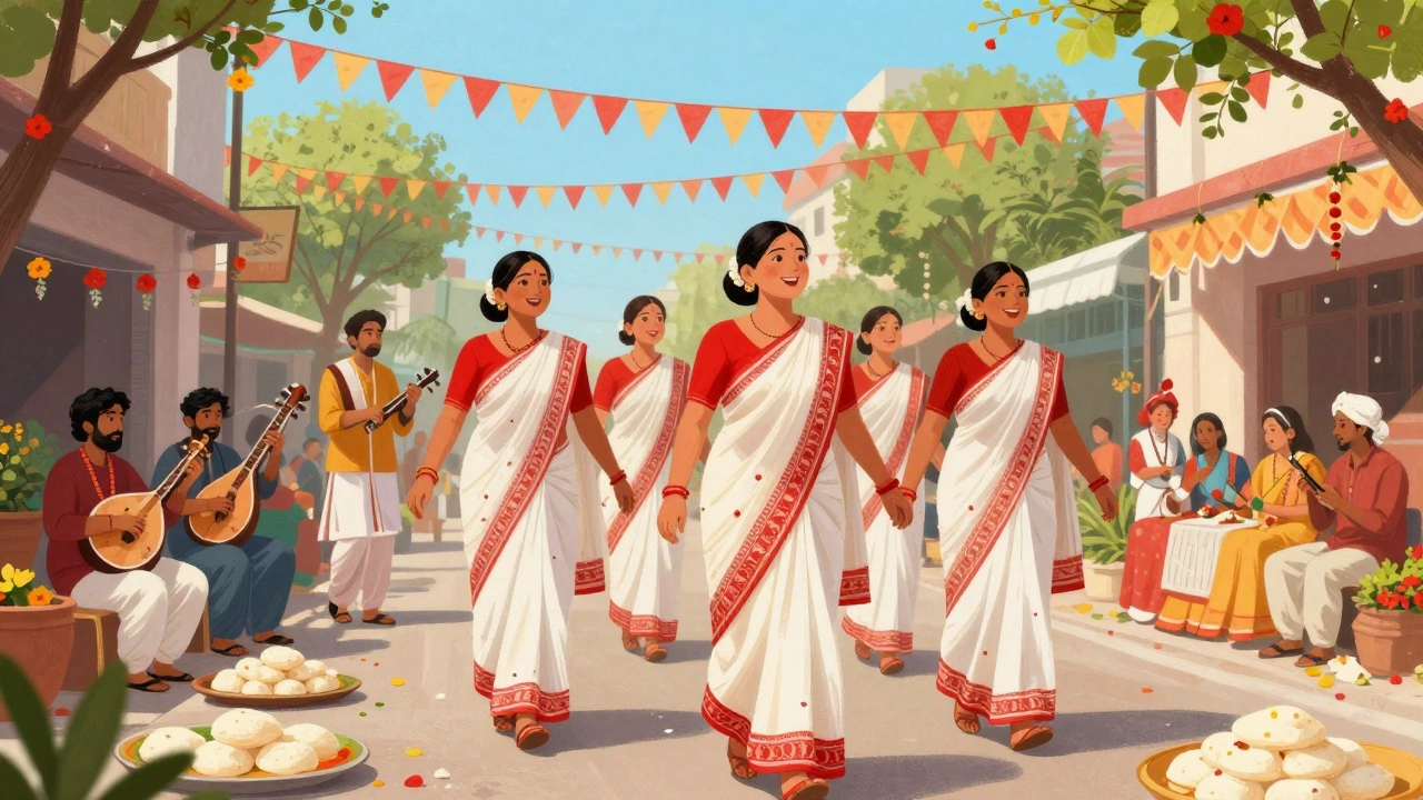 Women in white and red sarees at Pohela Boishakh fair